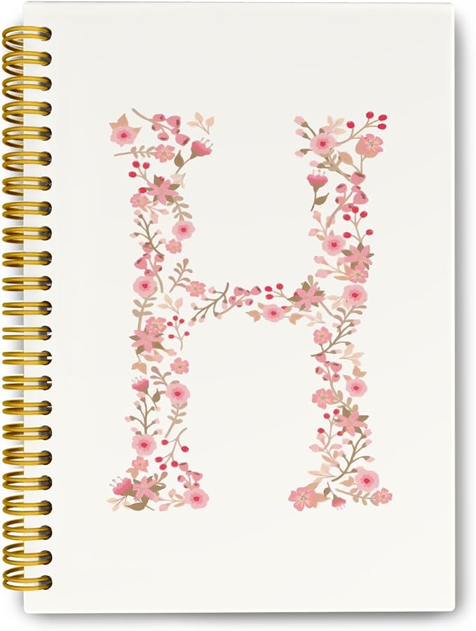 Pink Cute Spiral Notebook Journal, Preppy Floral Initial Letter H Personalized Journaling Notebooks, Monogrammed Gifts for Women Girls, Botanical Hardcover Spiral Lined Notebook 5.5 x 8.3