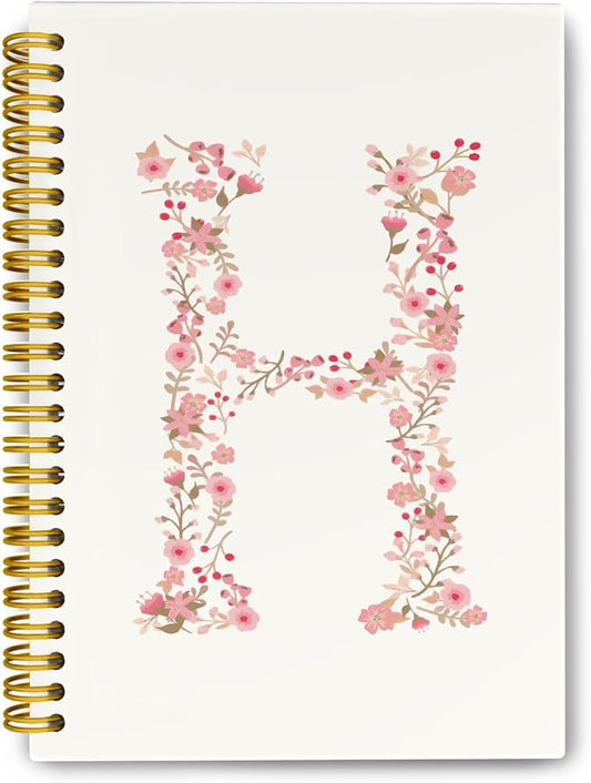 Pink Cute Spiral Notebook Journal, Preppy Floral Initial Letter H Personalized Journaling Notebooks, Monogrammed Gifts for Women Girls, Botanical Hardcover Spiral Lined Notebook 5.5 x 8.3