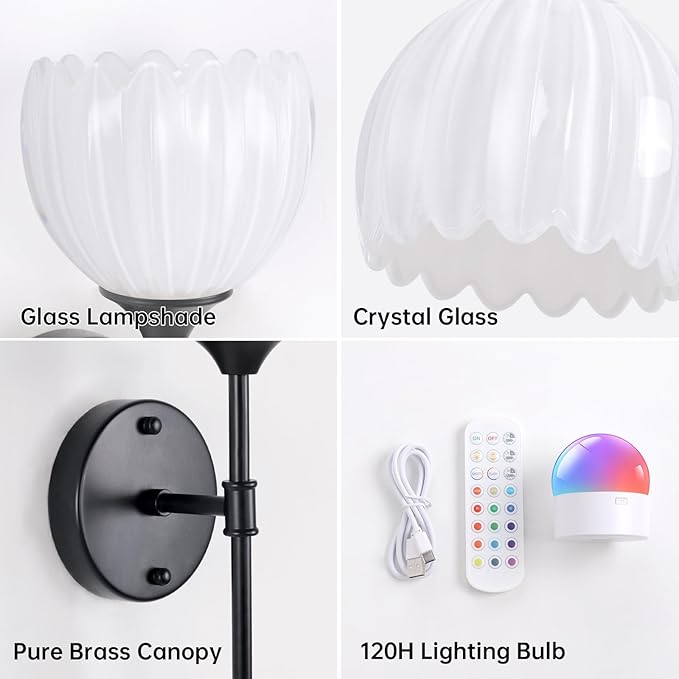 Battery Operated Wall Sconce Set of 2, White Tulip Vintage Wall Light Fixture Rechargeable 5000mAh Battery Powered Wall Lamp with Remote for Living Room Bathroom, Black