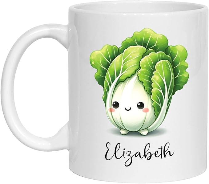 Personalized Chinese Cabbage Mugs, Chinese Cabbage Gifts For Friend Coworker, Custom Name Vegetable Ceramic Cup 11oz 15oz, Cute Chinese Cabbage Vegetable Lover White Travel Mug, Cabbage Fans Cup