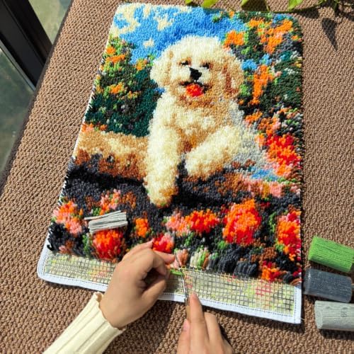 MeoobkCraft Latch Hook Kits for Adults Beginners, Pre-Printed Cute Dog Floral Latch Hook Rug Kit, DIY Garden Puppy Rug Craft Kit for Home Decor 20.47 x 14.96 in - Image 3