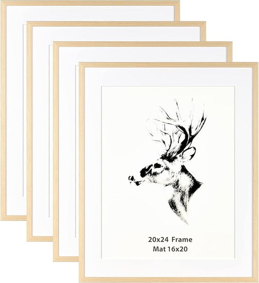 Yaetm 20x24 Picture Frame with Mat for 16x20 Set of 4, Natural Solid Oak Wood Frame for Wall Gallery, Photos, Posters & Art Prints, Horizontal and Vertical Wall Mount (4 pack, Oak)