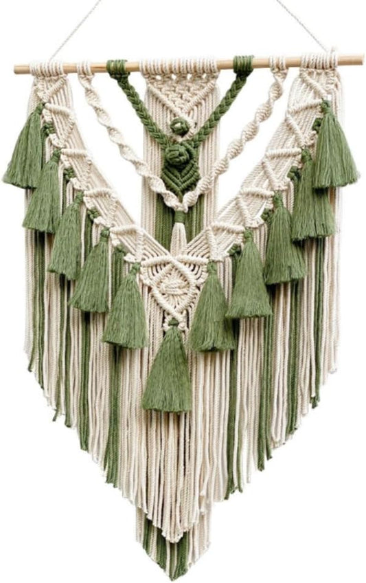 Boho Macrame Wall Hanging & Wall Decor, Cotton Handmade Tapestry with Tassel, Woven Macrame Wall Art for Decorating Bedroom Living Room Apartment Nursery (Green)