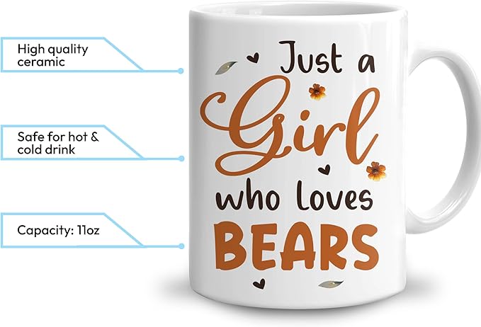 Hyturtle Personalized Cute Bear Coffee Mug - Custom Name Ceramic Cup for Animal Lovers - Just A Girl Who Loves Bears - Birthday Gift for Women - 11oz/15oz
