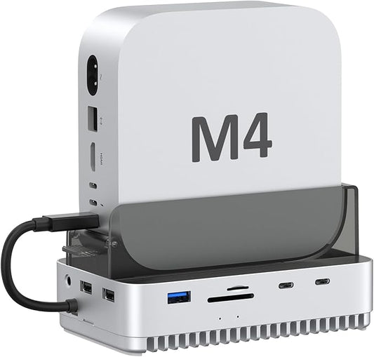 Vertical Station Mac mini M4 M.2 NVMe USB4 SSD Enclosure 40Gbps USB-C Hub Aluminum Fins Dual Host USB-C Ports SD/TF 4.0 USB