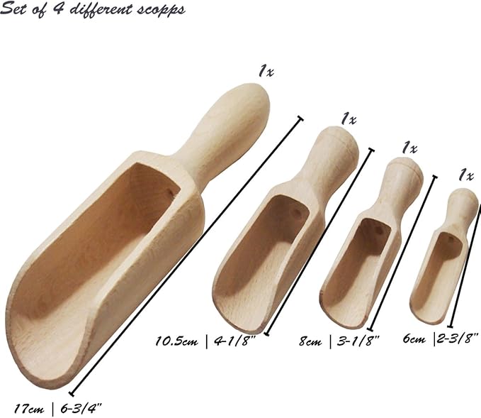efo Versatile Wooden Scoops Set 4pcs - Multipurpose Wooden Spoons - Wood Salt and Spice Scoops – Rustic Bath Salt Scoop - Wooden Nuts Scoop - sizes: 2.4"; 3.3"; 3.9"; 6.7" / 6; 8.5; 10; 17cm
