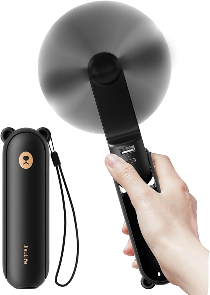 JISULIFE Handheld Fan with 4500 mAh Powerbank Max 37 Hours Runtime, Pocket Portable Battery Operated or USB Powered Folding Personal Fan, 3 Speeds, Gifts for Women Men Kids Gift for Festival-Black
