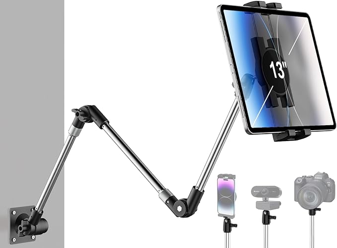 woleyi Aluminum Tablet Wall Mount Holder - 35 Inch Foldable Arm Tablet Stand for Wall, 360° Adjustable Webcam Camera Clip, for iPad Pro Air Mini, Galaxy Tabs, Z Fold, Fire HD, iPhone, 4.7-13" Devices