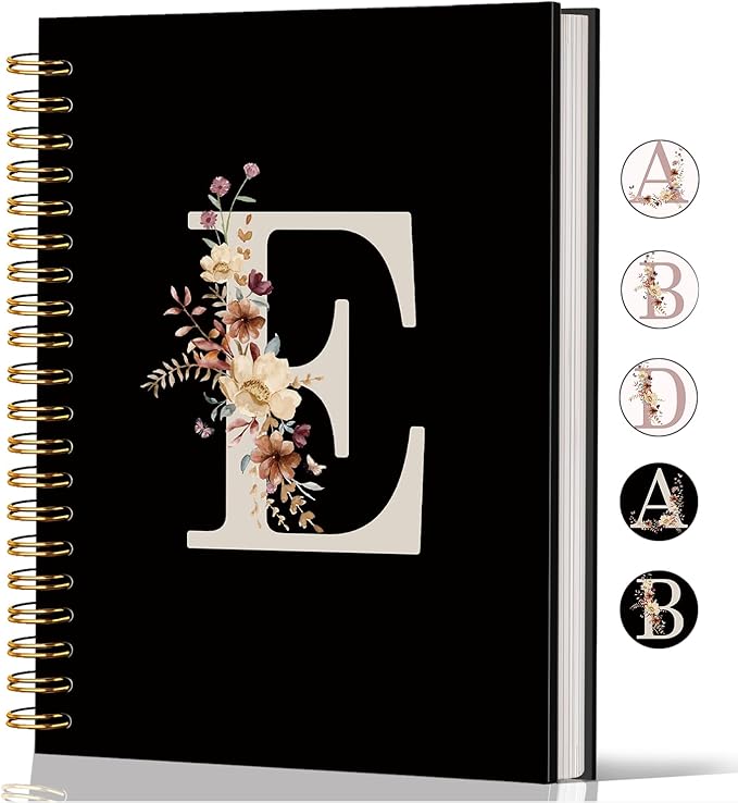 Lacama Black Initial Letter E School Notebook Journal, Cute Wildflower Personalized Spiral Notebook, School Supplies, Customized Monogrammed Gifts, Birthday Gifts for Women, Office Supplies