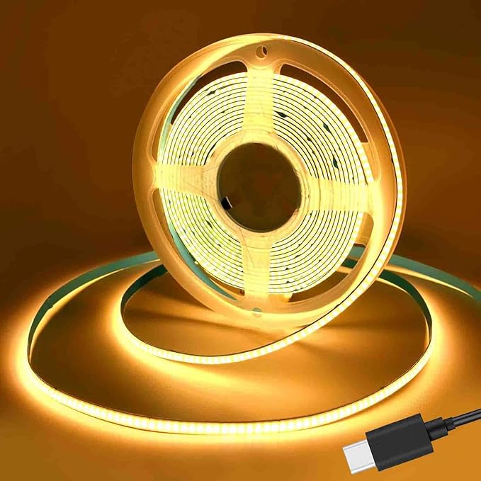 USB Type-C Powered 5V COB LED Strip Light,1M/3.28Ft 320LEDs Warm White 2700K Soft Dotless Tape Light for TV/Monitor/Under Cabinet Kitchen/Wardrobe/Stairs Step Background Ambient DIY Lighting