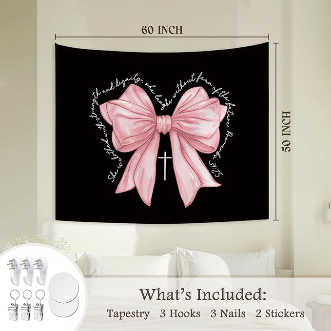STHTTSW Coquette Pink Bow Christian Tapestry, Cute Tapestries Wall Blanket, Girly Religious Wall Hanging Decor for Girls Women College Dorm Apartment Bedroom Church, 50x60 Inch