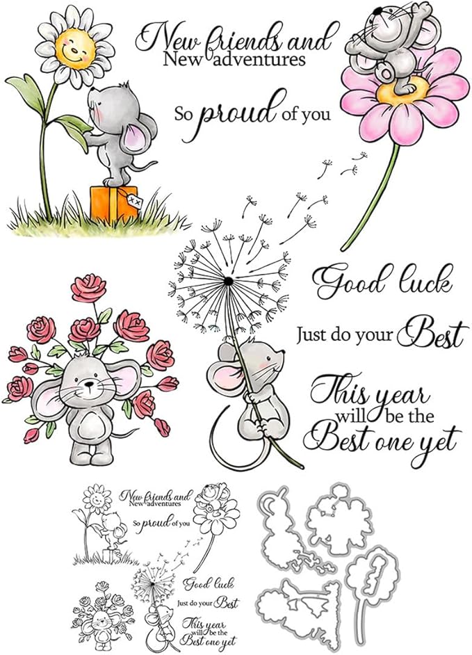 Dandelion Trunk Mouse Stamps and Cutting Dies for Card Making DIY Transparent Silicone Clear Stamp and Metal Die Cuts Sets for Scrapbooking Paper Greeting Cards Decor Seals Craft Supplies