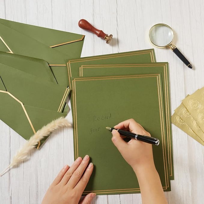 50 Pack Stationery Set with Gold Border, #10 Business Envelopes and 8.5x11 Paper Sheets and Stickers for Writing Letters (Olive Green, 8.5x11 Inches)