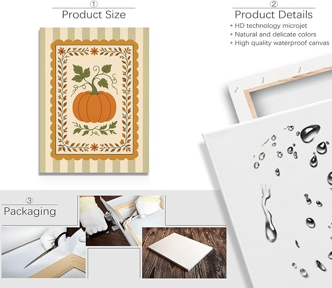 Pumpkin Harvest Wall Art – Vintage Fall Botanical Canvas Print – Autumn Farmhouse Decor with Green Stripes – Thanksgiving Pumpkin Illustration Poster 12x16inch-Framed