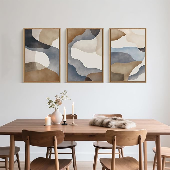 Large Abstract Watercolor Block Framed Canvas Wall Art,Colorful Neutral Geometric Wall Decor,Beige Blue and Brown Artwork,Modern Minimalist Line Art Print for Living Room,Bedroom- 24"x36"x3