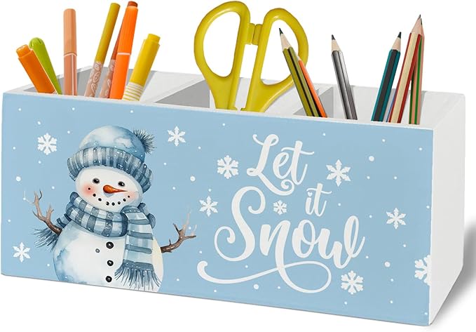 Blue Snowman Christmas Pen Pencil Holder Organizer for Desk Accessories, Snow Winter Christmas Wooden Box Sign Desk Decor for Home Office Decoration