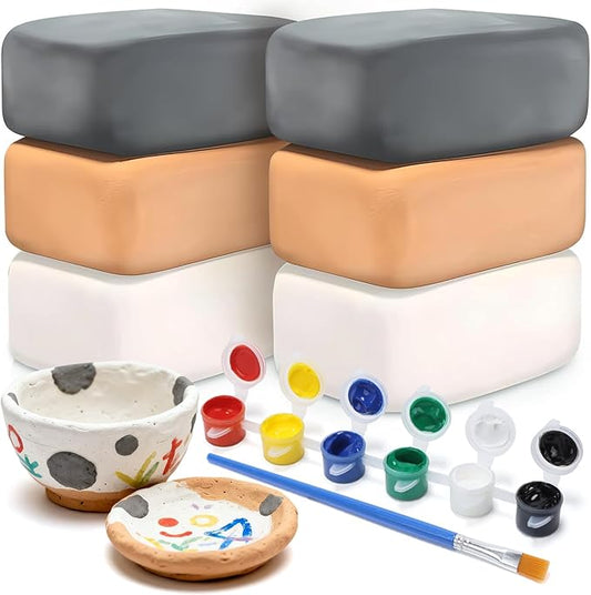 Skirfy Air Dry Clay Kit for Kids, 2.6lb Pottery Clay for Wheel & Hand Building, Includes 6 Paint Pots & Brush, White Gray Natural Colors, Arts & Crafts Supplies for Kids Ages 6+