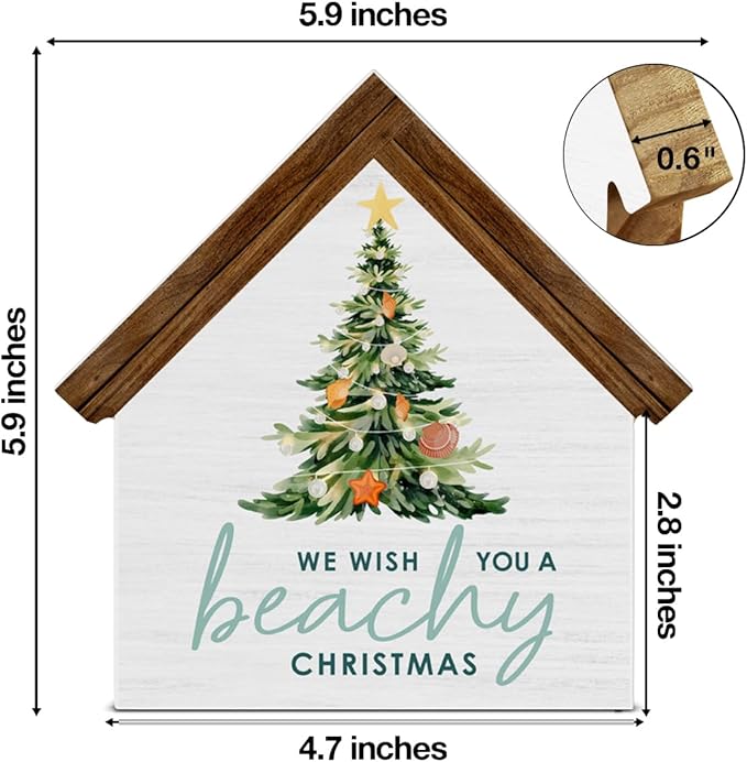Beach Christmas Decorations, We Wish You a Beachy Christmas House Shaped Wood Sign, Coastal Beachy Xmas Decor for Home