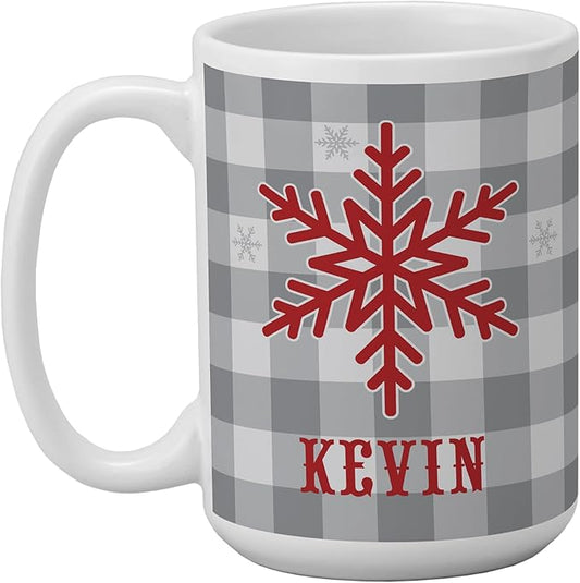 Let's Make Memories Personalized Mug - Christmas Holiday Stocking Stuffer - Ceramic Coffee Mug - Buffalo Plaid Snowflake - White Handle - 15 oz.