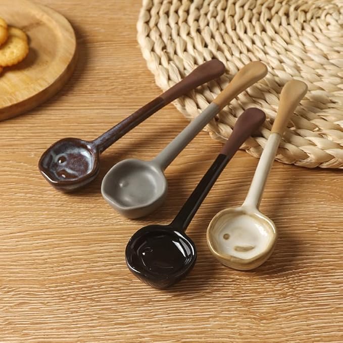 4-Pack - Ceramic Vintage Afternoon Tea, Coffee Whisk, Handmade Spoon, Long-Handle Coffee Scoop, tea scoop for loose tea, Size 5.9 * 1.5in(15 * 4cm)