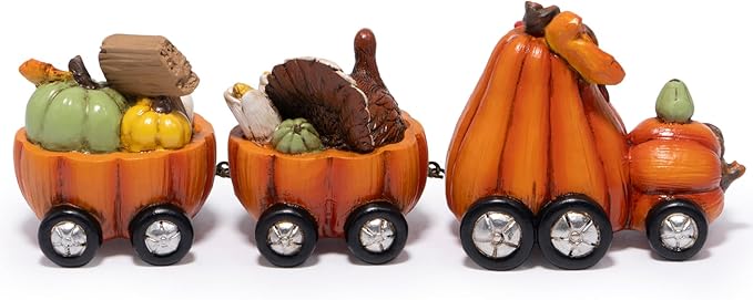 Hodao Thanksgiving Decor Indoor, Fall Resin Pumpkin Train Figurine with Gnome & Turkey, Cute Autumn Harvest Tabletop Decoration for Home, Perfect Fall Gift for Family Friends