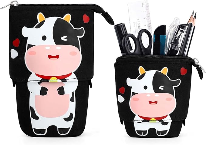 Cute Standing Pencil Case for Kids, Pop Up Pencil Box Makeup Pouch, Christmas Gift Kids Canvas Pen Holder Organizer Cosmetics Bag, Kawaii Stationary (Baby Cow)