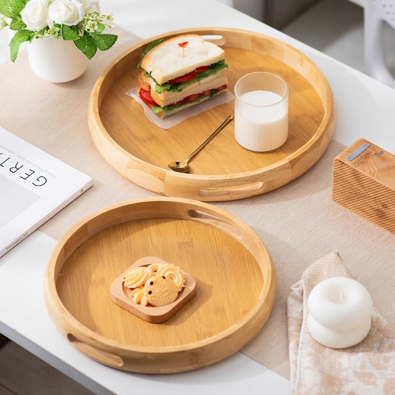 9.8" Round Bamboo Tray with Handles, Wood Serving Tray, Decorative Tray - Image 6