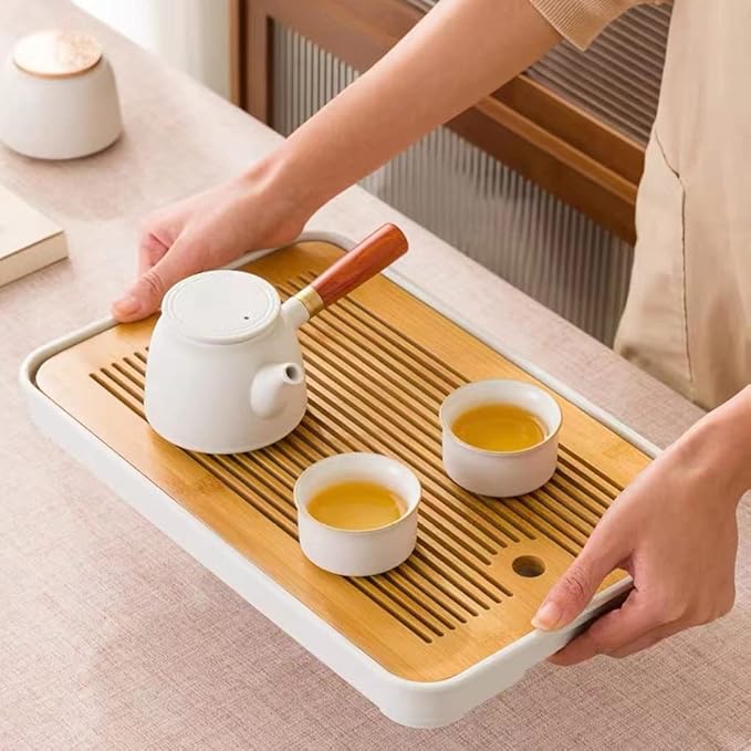 14 Inch Bamboo Chinese Gongfu Tea Tray Table Box with Water Storage for Kungfu Tea Set (Style 5 White)