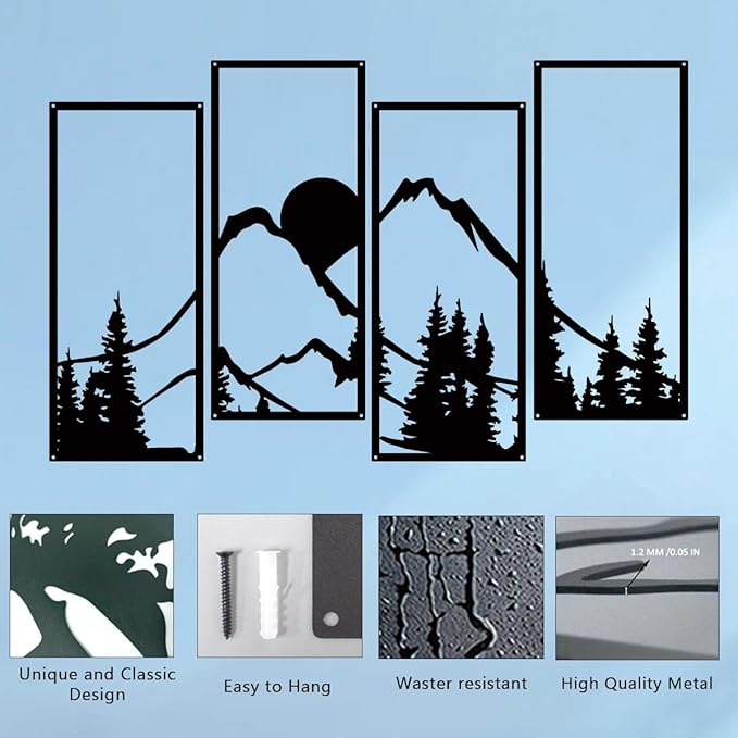 ruelen 4 Pcs Metal Sunset Mountain Forest Wall Decor, Abstract Minimalist Line Drawing Large Mountains Wall Art Home Decor for Living Room Bathroom Bedroom Office Indoor And Outdoor (Black, Large)