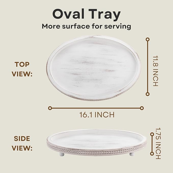 Wooden Tray,Oval Decorative Tray for Coffee Table Kitchen Dinning Table Entryway, Small Beaded Tray for Holidays, Farmhouse Centerpiece Decor Weathered White