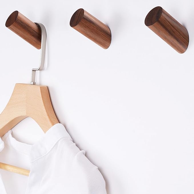 Wood Wall Hooks, 3 Pack Rustic Coat Hook Wall-Mounted, Decorative Hooks for Hanging Coats Hats Towels Robes Hat Rack for Wall (Walnut Wood)