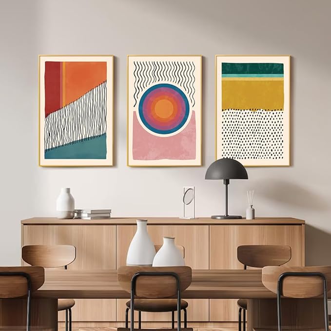 HPINUB Boho Framed Canvas Prints Wall Art Set, Mid-Century Abstract Color Block Shape Wall Decor, Geometric Illustrations Art Photos for Living Room, Bedroom, Dining Room, Office, Bathroom - 16"x24"x3