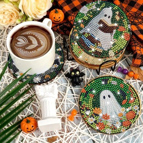 CRASHOT Halloween Floral Ghost Diamond Art Coasters Kit, 8 Pcs - Image 6
