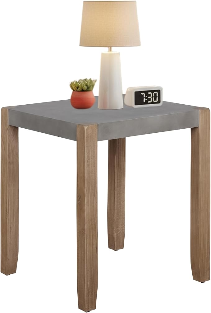 Newport End Table - 21 in. Square Faux Concrete Top with Light Amber Wood Frame, Modern Rustic Industrial Style, Sturdy Design for Living Room, Bedroom, Lounge, 20.5 in. W x 24 in. H, Easy Assembly