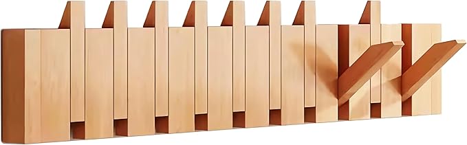 Wall Mounted Coat RackHooks Piano Key Hangers Natural Solid Wood Hanger Non-Woven Fabric Clothes Hangers for Closet, Kitchen, Bedroom, Bathroom, Entryway (Beech, 10 Hooks)