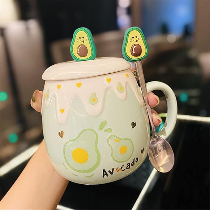 Coffee Mug Cups Ceramic Tea Cup Fruits Avocado Shaped Handmade Pottery Cute Mugs With Lid Spoon Handle Office Home Hot Ice Chocolate Milk Mugs Gifts Microwave Dishwasher Safe Travel Mugs (Green)