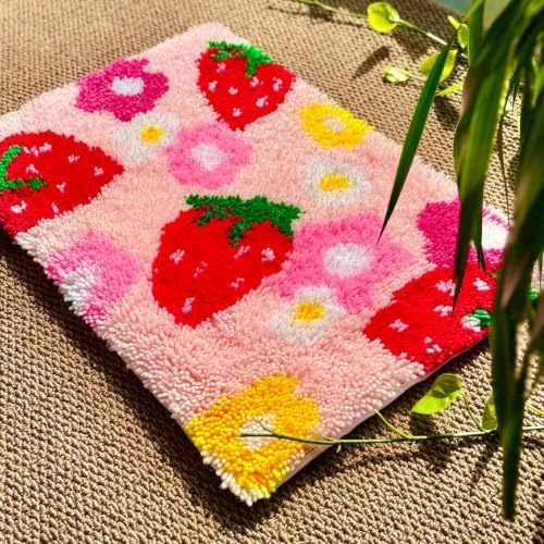 MeoobkCraft Latch Hook Kits for Adults Beginners, Pre-Printed Strawberry Floral Latch Hook Rug Kit, Aesthetic Pink Fruit Flower DIY Rug Craft Kit for Home Decor 20.47 x 14.96 in - Image 6