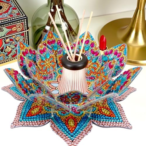 jinglinhh DIY Mandala Lotus Diamond Art Painting Aromatherapy Candle Holder Kit for Adults, Acrylic Diamond Art Tabletop Candlestick Holder Tray Ornaments Craft for Beginners(Blue Orange Lotus) - Image 3