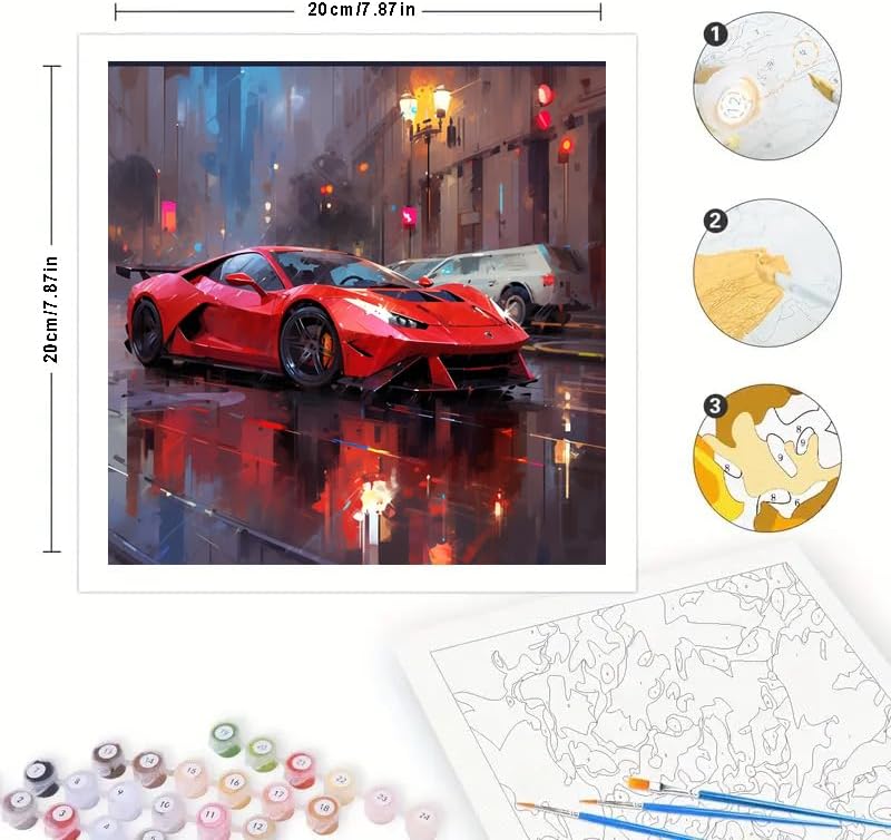 Vehicle Urban Digital Painting Kit for Adults - DIY Red Sports Car at Night Oil Painting on Canvas 7.87x7.87In, Framed Acrylic Paint Kit, Good for Beginners, Cityscape Home Decor or Gift Artwork - Image 2