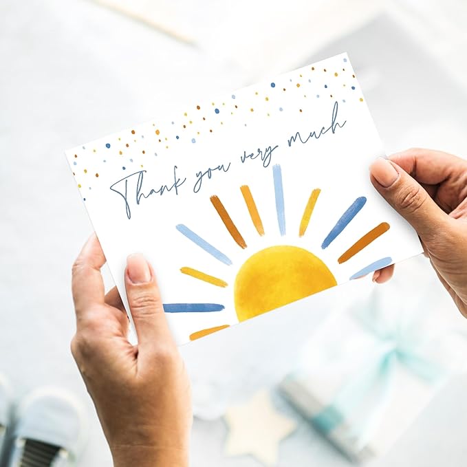 Whaline 30 Packs Baby Shower Thank You Cards Boho Sun Greeting Cards Blue Sunshine Blank Note Card with Envelopes and Stickers for Birthday Holiday Baby Shower, 4 x 6 Inch