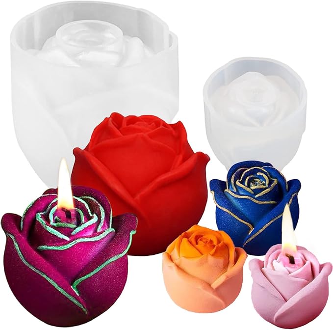 2 Pack Rose Candles Molds, Set of Large + Small 3D Flower Silicone Molds for Candles Epoxy Resin Casting Wax Soap Clay Plaster Home Décor Handmade Gift