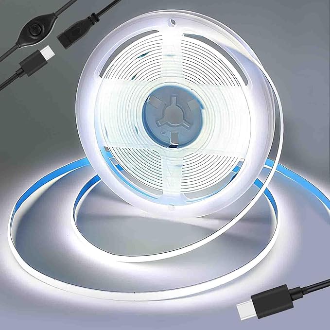 USB Type-C Powered 1M/3.28Ft 5V COB LED Strip Light with Dimmer of Memory Function,Pure White 6000K,640LEDs,Flexible Tape Light for TV Monitor Backlight,Mirror,Cabinet,Wardrobe,Cupboard DIY Lighting
