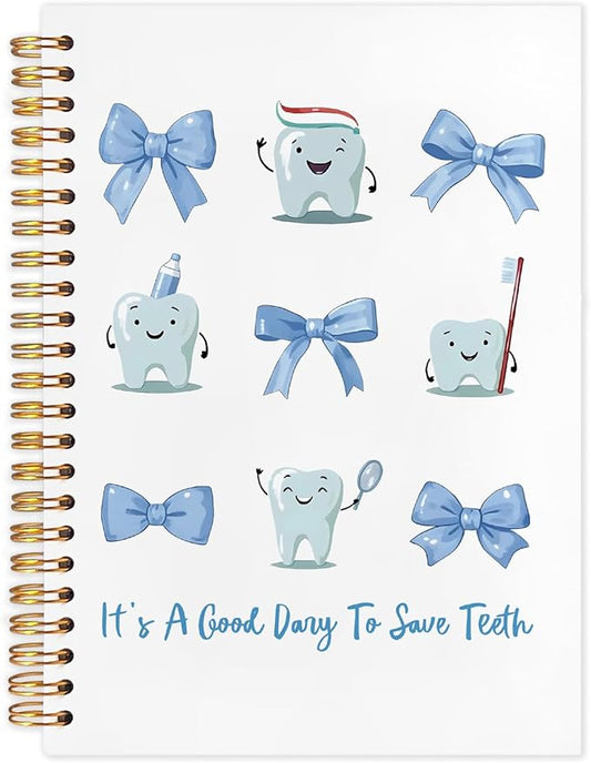 WUCHJ Dentist Gifts Notebook, Dental Hygienist Gifts Journal, Coquette Blue Bow Cute Tooth Spiral Notebook Journal for Note Taking, Dentist Office Supplies, 5.5x8.3 Inch