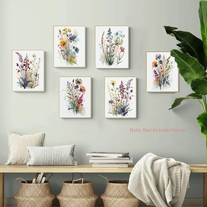 Colorful Wildflower Art,Watercolor Minimalist Wildflowers Art Print,Modern Botanical Plant Leaves Canvas Wall art,Blooming Flower Artwork for Garden Farmhouse Decor (Set of 6) - Unframed - 8X10 inch