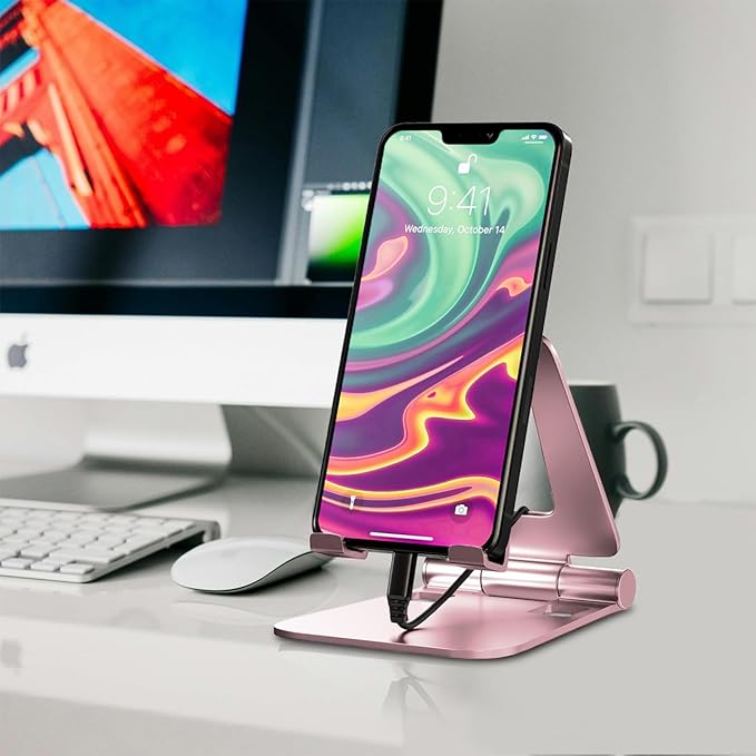 Cell Phone Stand for Desk Phone Holder Foldable Portable Adjustable Cradle Dock Compatible with iPhone 15 14 13 Pro Max, iPhone 12 11 Plus SE XS XR 8 7, Office Desk Travel Accessories, Pink