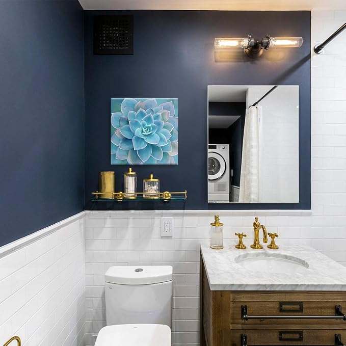 Blue Succulents Bathroom Decor Wall Art Framed Modern Popular Wall Plants Decorations Canvas Prints Artwork Wall Decor for Bedroom Blue Flower Pictures Size 14x14 inch Easy to Hang