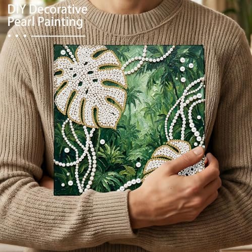 LQCrafK DIY Pearl Art Painting Handcraft Kit for Adults Beginners with Tools and Framed Painting, Creative Design,Self-Adhesive, Healing Stress-Relieving Home Wall Decoration-Monstera Leaves - Image 3