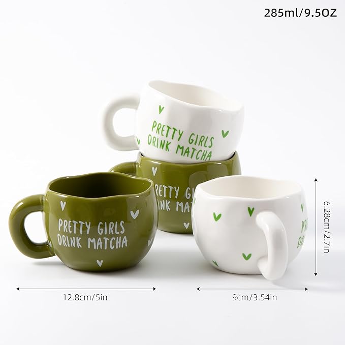 4pcs Cute Ceramic Coffee Mug, 9.4OZ White Green Porcelain Tea Mugs, Ceramic Cup Sets for Matcha Lovers, Dishwasher & Microwave Safe, Christmas Gift(Matcha)