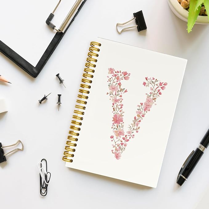 Pink Cute Spiral Notebook Journal, Preppy Floral Initial Letter V Personalized Journaling Notebooks, Monogrammed Gifts for Women Girls, Botanical Hardcover Spiral Lined Notebook 5.5 x 8.3
