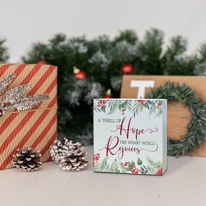 Christmas Wooden Desk Decor Sign, A Thrill of Hope The Weary World Rejoices Wooden Box Sign, Winter Christmas Home Plaque for Living Room Bedroom Office Table Top Decor 5x5 Inches